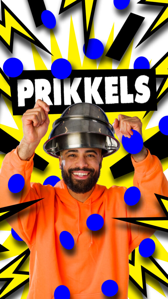 Een jongen met een vergiet op zijn hoofd in een oranje trui. De titel prikkels en allemaal bliksemschichten en blauwe bollen met een knal gele achtergrond.