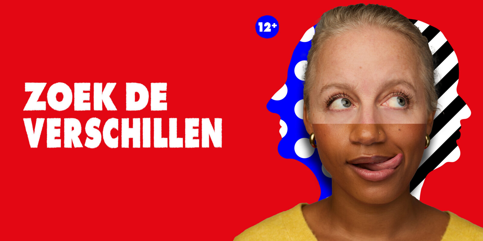 Een samengesteld hoofd: het bovenste deel van het gezicht kijkt strak/serieus, terwijl het onderste deel een open mond met uitgestoken tong laat zien. Achter het hoofd staan twee silhouetten in profiel, links blauw met witte stippen en rechts zwart-wit gestreept.