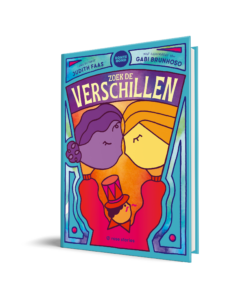 Een blauwe boekenkaft met een paarse dochter en gele moeder die met hun neuzen tegen elkaar aan staan.