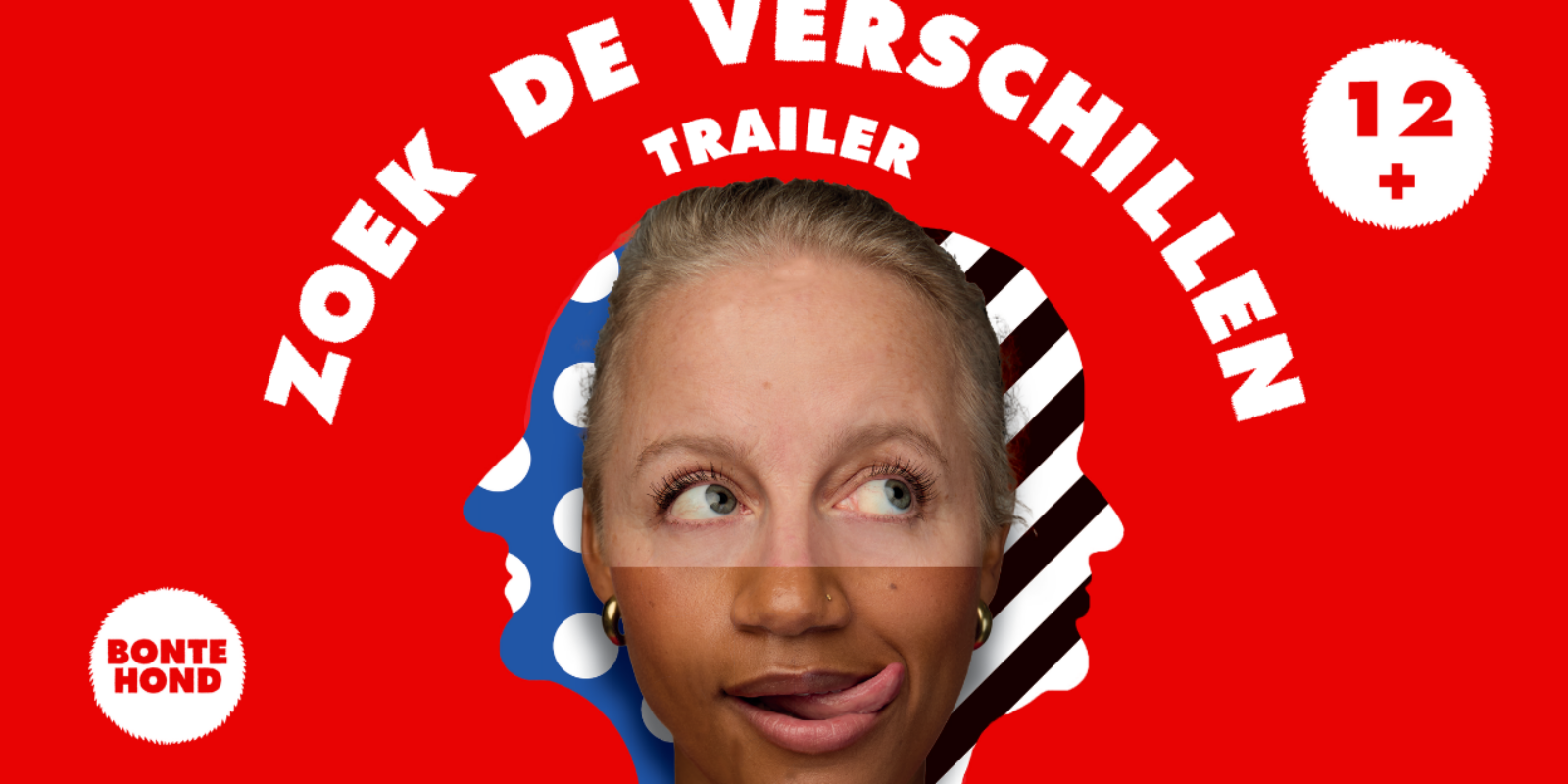 Fel rode achtergrond met blauwe letters 'zoek de verschillen'. Je ziet één hoofd het bovenste deel is van een witte moeder en het onderste deel is van gekleurde dochter.