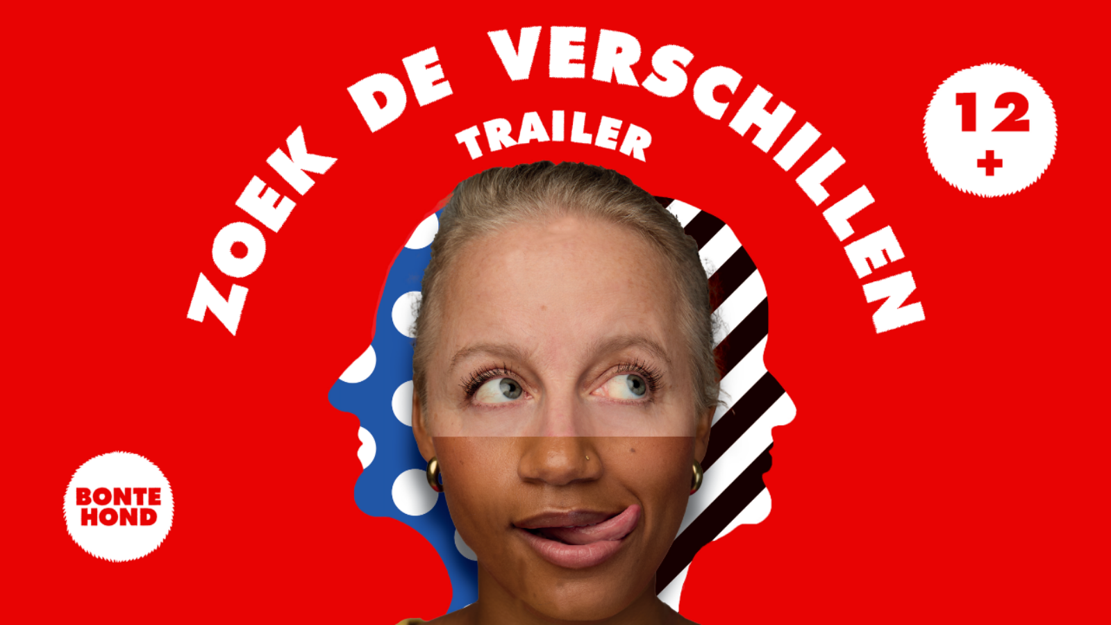 Fel rode achtergrond met blauwe letters 'zoek de verschillen'. Je ziet één hoofd het bovenste deel is van een witte moeder en het onderste deel is van gekleurde dochter.