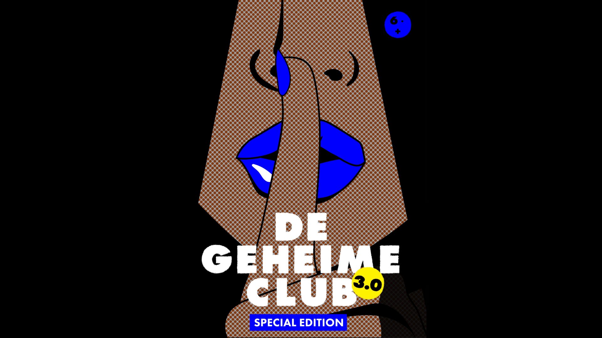 Een stukje gezicht van een vrouw: neus, mond en een vinger voor de mond die tot stilte/geheimhouding maant. De lippen zijn blauw, de nagel op de vinger ook. De huid is bruin. Een zwarte achtergrond.