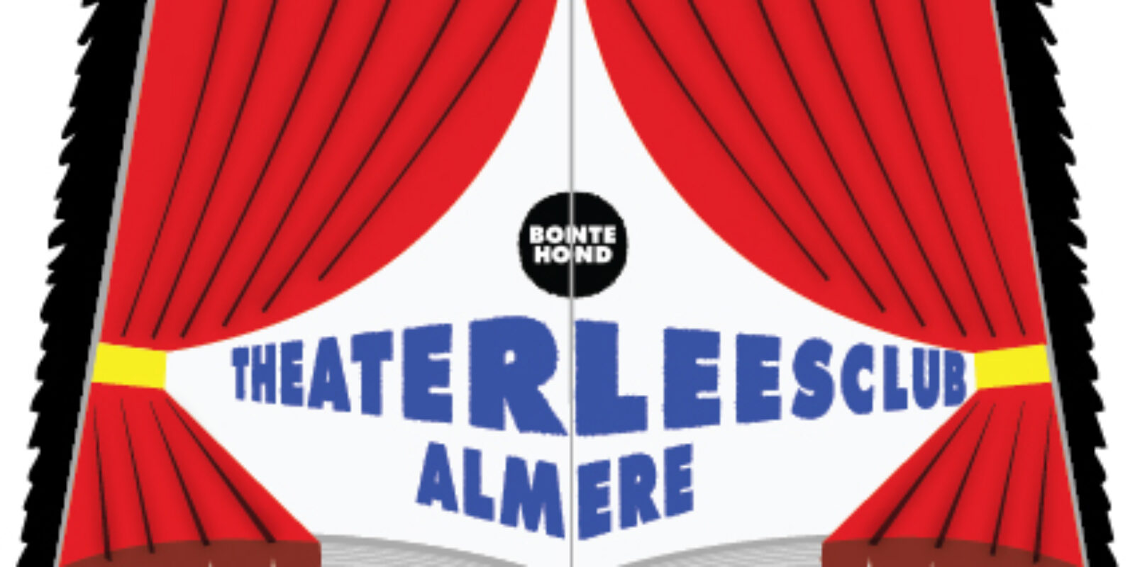 Een boek ligt open. Rode theatergordijnen liggen op het boek, ook geopend. Achter de gordijnen komt tekst tevoorschijn: theaterleesclub Almere