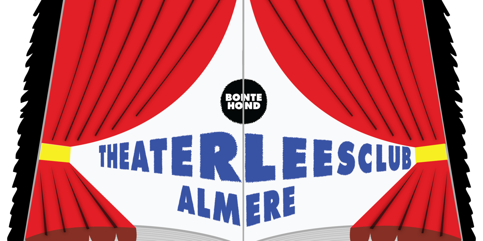 Een boek ligt open. Rode theatergordijnen liggen op het boek, ook geopend. Achter de gordijnen komt tekst tevoorschijn: theaterleesclub Almere