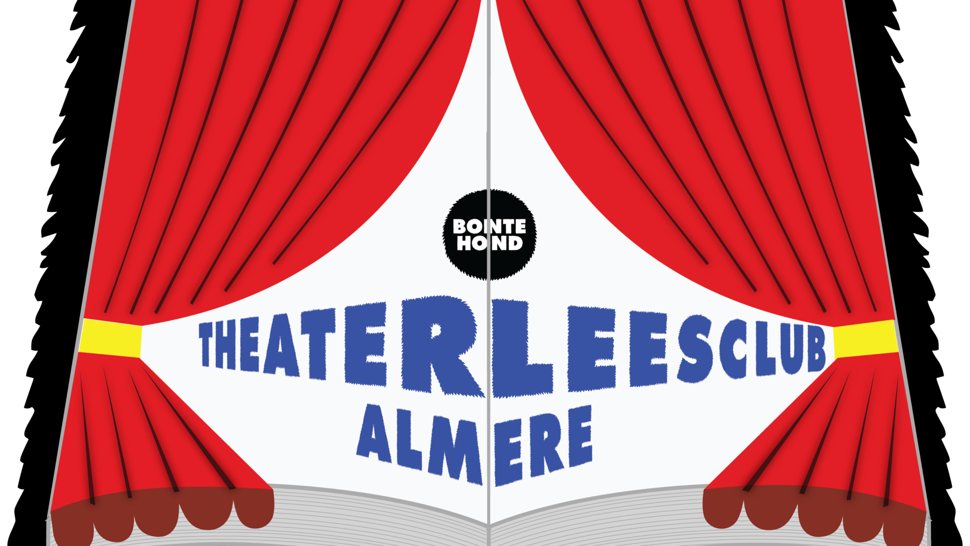 Een boek ligt open. Rode theatergordijnen liggen op het boek, ook geopend. Achter de gordijnen komt tekst tevoorschijn: theaterleesclub Almere