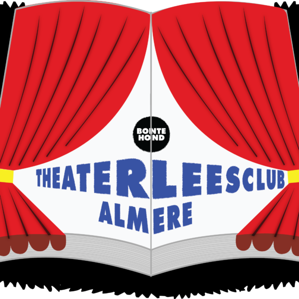 Een boek ligt open. Rode theatergordijnen liggen op het boek, ook geopend. Achter de gordijnen komt tekst tevoorschijn: theaterleesclub Almere