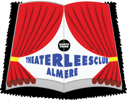 Een boek ligt open. Rode theatergordijnen liggen op het boek, ook geopend. Achter de gordijnen komt tekst tevoorschijn: theaterleesclub Almere
