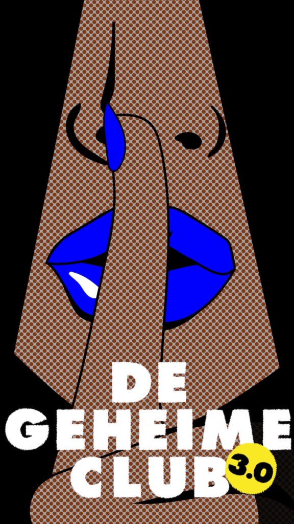 Pop-art illustratie van een gezicht met blauwe lippen op een zwarte achtergrond. De persoon houdt een vinger met blauwe nagellak voor de mond in een “ssst”-gebaar. Onderaan staat de titel “De Geheime Club 3.0”, een blauw label met “Special Edition'' en rechtsboven een “6+” icoon.